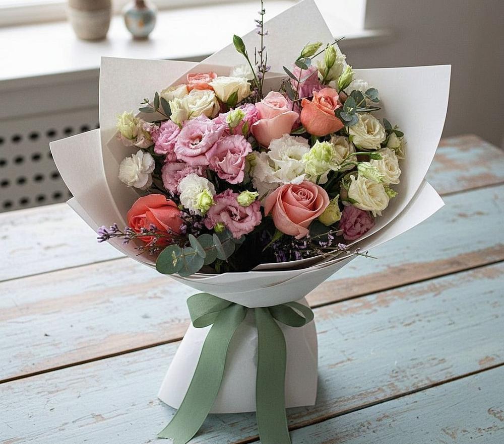 Букет цветов из: Розы, Лизиантусы и Гвоздики в Добринка Липецкая область