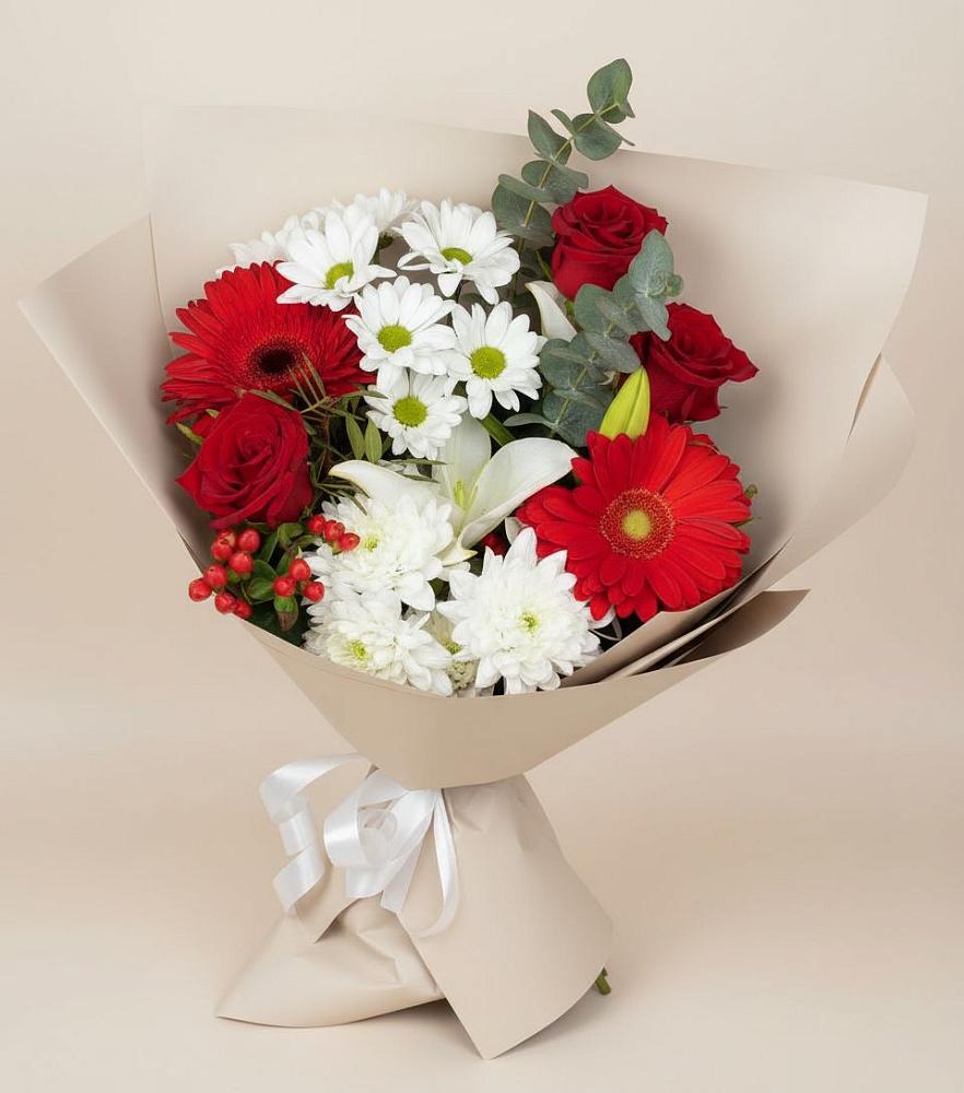 Букет цветов из: Розы, Хризантемы, Герберы и Лилии в Добринка Липецкая область
