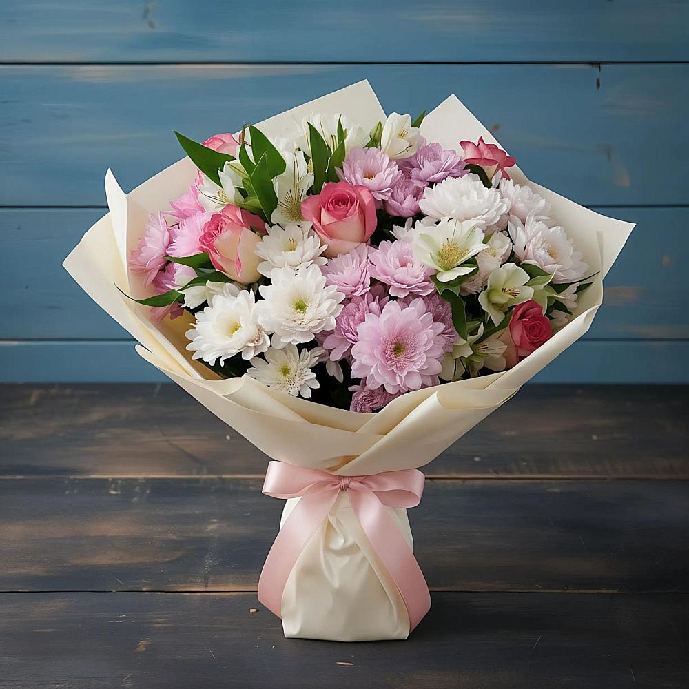 Букет цветов из: Хризантемы, Альстромерии и Розы в Добринка Липецкая область